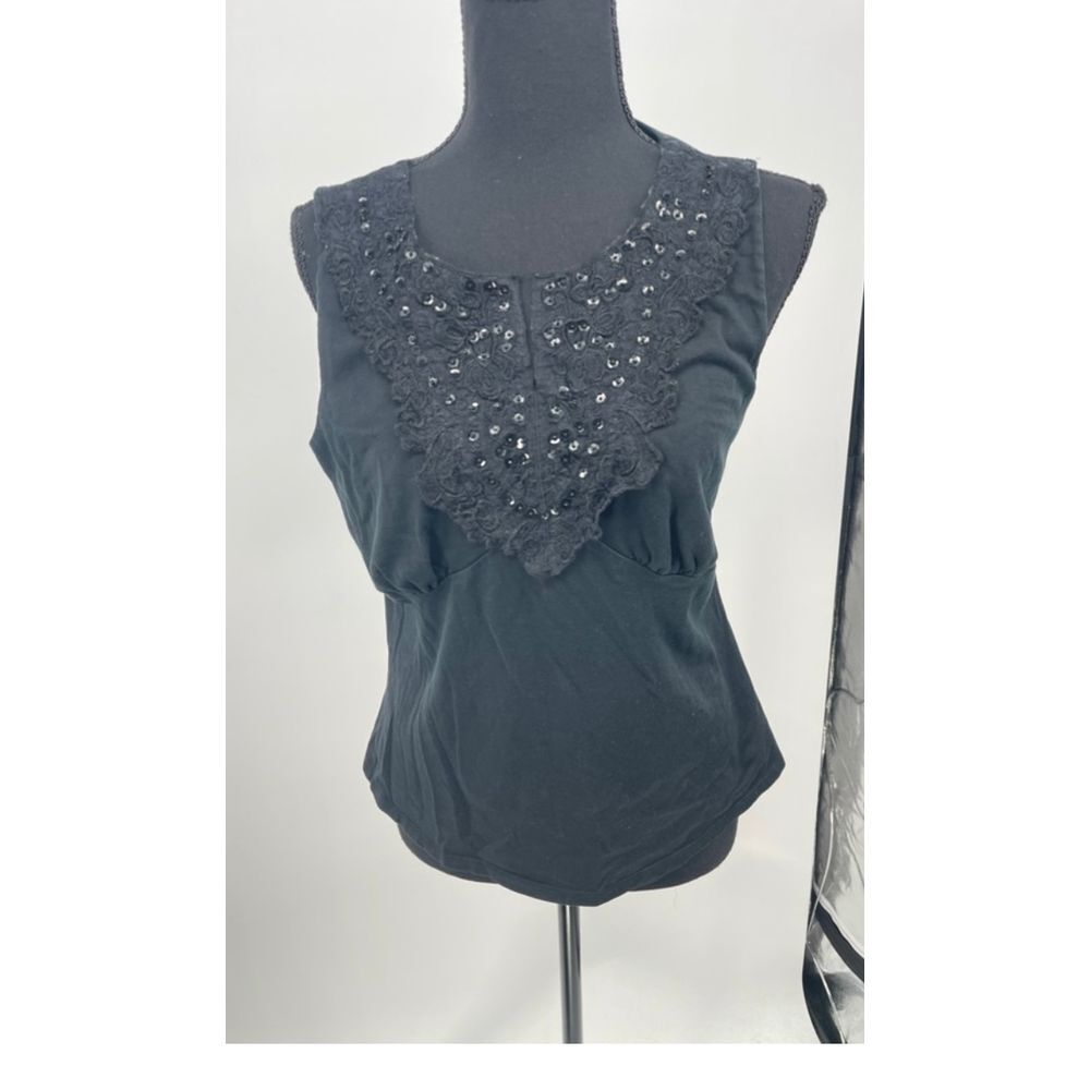 WD NY Black Sleeveless Top with Sequin‎ Lace Embellishment Elegant Evening Wear